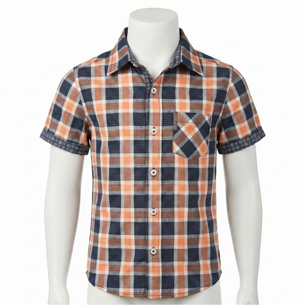 Ben Sherman Baby Boy Shirt 12 Months Plaid Button Down Orange Navy Mod Short Slv